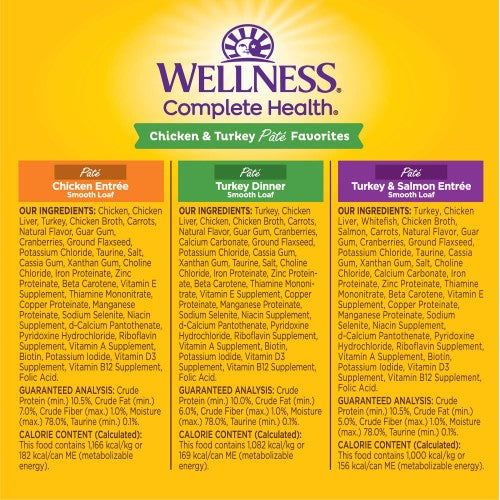 Wellness Complete Health Natural Grain Free Wet Cat Food Variety Pate Recipes Chicken & Turkey Pate Favorites