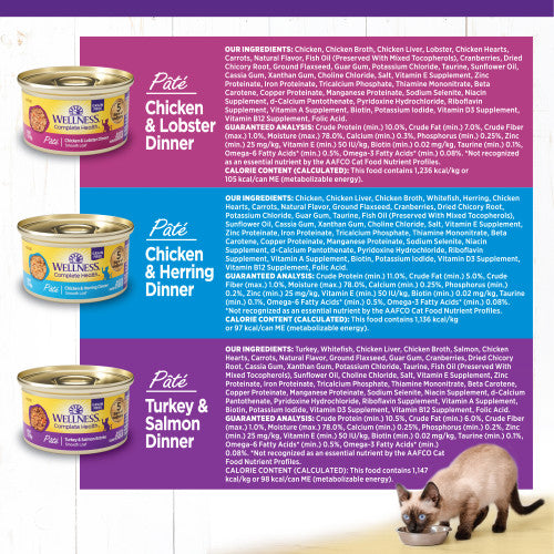 Wellness Complete Health Natural Grain Free Wet Cat Food Variety Pate Recipes Seafoods